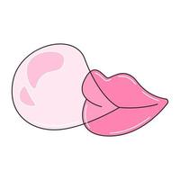 Cute lips blowing pink bubble gum. Colorful vector sticker isolated on white background.