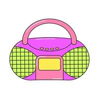 Radio de música retro de los 90 y reproductor de casetes con un diseño colorido funky. etiqueta engomada colorida del vector aislada en el fondo blanco.