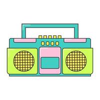 Retro music 90s radio and tape cassette player funky colorful design. Colorful vector sticker isolated on white background.