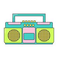 Radio de música retro de los 90 y reproductor de casetes con un diseño colorido funky. etiqueta engomada colorida del vector aislada en el fondo blanco.