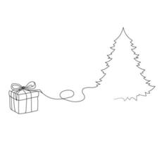Continuous drawing of a Christmas tree and a gift. Vector minimalism for holiday celebration banner.