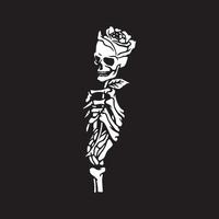 The skeleton hand holds a lovely rose-skull. Vector romantic illustration.