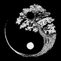 Black and white bonsai tree on yin yang symbol vector