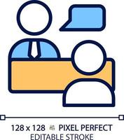 Job interview pixel perfect RGB color icon. Work conversation. Questioning candidate. Hiring process. Human resources. Isolated vector illustration. Simple filled line drawing. Editable stroke