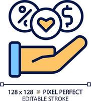 Benefits pixel perfect RGB color icon. Extra perks for employees. Profit sharing and insurance. Retention strategy. Isolated vector illustration. Simple filled line drawing. Editable stroke