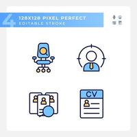 Worker selection process pixel perfect RGB color icons set. Job position. Applicant resume. Choosing employee. Isolated vector illustrations. Simple filled line drawings collection. Editable stroke