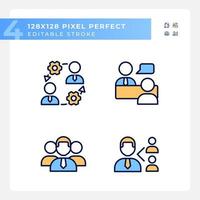 Teamwork pixel perfect RGB color icons set. Onboarding process. Job interview. Referral program. Company staff. Isolated vector illustrations. Simple filled line drawings collection. Editable stroke