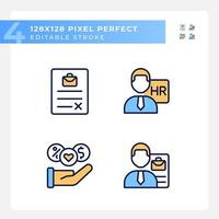 Job position benefits pixel perfect RGB color icons set. Human resource manager. Applicant resume. Sign contract. Isolated vector illustrations. Simple filled line drawings collection. Editable stroke