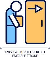 Dismissal pixel perfect RGB color icon. Fired employee. Work loss. Jobless person. Staff reduction. Resignation. Isolated vector illustration. Simple filled line drawing. Editable stroke