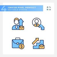 Career opportunities pixel perfect RGB color icons set. Promotion of employee. Business growth. Human resources. Isolated vector illustrations. Simple filled line drawings collection. Editable stroke