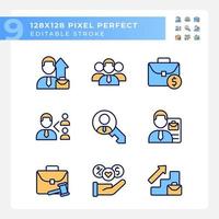 Job related pixel perfect RGB color icons set. Hiring process. Company employee. Salary. Career development. Isolated vector illustrations. Simple filled line drawings collection. Editable stroke