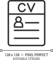 CV pixel perfect linear icon. Candidate information. Knowledge, skills and experience. Worker qualification. Resume. Thin line illustration. Contour symbol. Vector outline drawing. Editable stroke