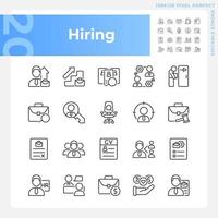 Hiring pixel perfect linear icons set. Recruitment process. Company employee. Apply for position. Career. Customizable thin line symbols. Isolated vector outline illustrations. Editable stroke