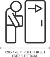 Dismissal pixel perfect linear icon. Fired employee. Work loss. Jobless person. Staff reduction. Resignation. Thin line illustration. Contour symbol. Vector outline drawing. Editable stroke