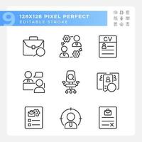 Hiring process organization pixel perfect linear icons set. Application. Job interview. Employment contract. Customizable thin line symbols. Isolated vector outline illustrations. Editable stroke