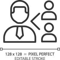 icono lineal perfecto de píxeles de referencia de empleados. recomendar candidato para el puesto. recursos humanos. proceso de reclutamiento. ilustración de línea delgada. símbolo de contorno dibujo de contorno vectorial. trazo editable vector