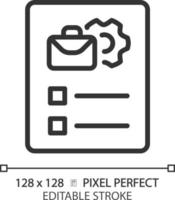 Job description pixel perfect linear icon. List of requirements and duties. Work position details. Human resources. Thin line illustration. Contour symbol. Vector outline drawing. Editable stroke