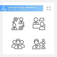 Teamwork pixel perfect linear icons set. Onboarding process. Job interview. Referral program. Company staff. Customizable thin line symbols. Isolated vector outline illustrations. Editable stroke