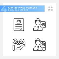 Job position benefits pixel perfect linear icons set. Human resource manager. Applicant resume. Sign contract. Customizable thin line symbols. Isolated vector outline illustrations. Editable stroke