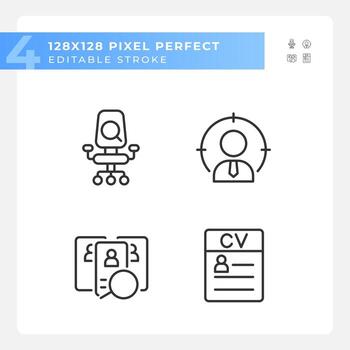 Worker selection process pixel perfect linear icons set. Job position. Applicant resume. Choosing employee. Customizable thin line symbols. Isolated vector outline illustrations. Editable stroke