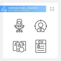 Worker selection process pixel perfect linear icons set. Job position. Applicant resume. Choosing employee. Customizable thin line symbols. Isolated vector outline illustrations. Editable stroke