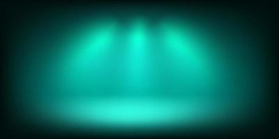 Abstract illuminated empty green stage with bright projectors. Design template. 3d vector background