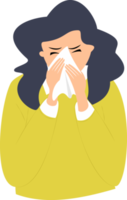 ilustração de uma mulher espirrando cobrindo o nariz com um lenço de papel png