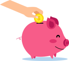 karikaturillustration einer hand, die eine goldmünze in ein sparschwein steckt png