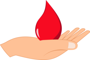 Hand, die einen Blutstropfen hält. Weltblutspendetag. Abbildung der Blutspende. Spendersymbol. Symbol für Blutspende png