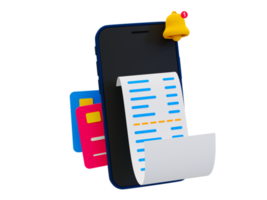 Pagamento mínimo de compras on-line 3d. conceito de checkout sem dinheiro. smartphone com cartões de crédito e um ícone de sino. ilustração de renderização 3D. png