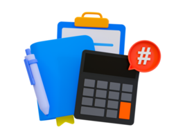 3d minimal budget management. Business checklist statement. Marketing strategy concept. Money organization. Calculator with a book, pen, and clipboard. 3d illustration. png