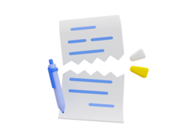 3d minimal torn paperwork. application rejected. contract termination. ripped document with a pen 3d illustration. png