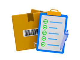 3d minimal products checking concept. Merchandise inspection. Cargo checklist process. Parcels clipboard checklist. 3d rendering illustration. png