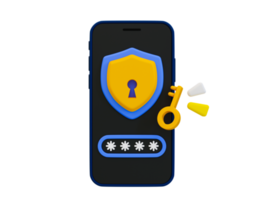 verificação de senha mínima 3d. conceito de autenticação de senha. autorização do usuário. smartphone com tela de login e ícone de chave. ilustração de renderização 3D. png