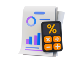 3d minimaal afzet strategie concept. bedrijf analyse. afzet gegevens analyse. een statistisch papier met een percentage teken en rekenmachine. 3d illustratie. png