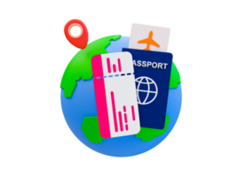 3d minimale Urlaubsreise. Sommerferienreise. Flugticket mit Pass und Globus. 3D-Darstellung. png