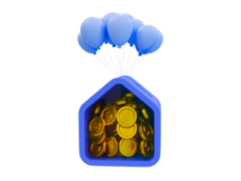 Conceito mínimo de economia de dinheiro 3d. os depósitos rendem mais juros. arrecadar dinheiro para a aposentadoria. um cofrinho de casa com balões. ilustração 3D. png