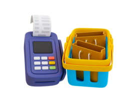 Paiement sans numéraire minimal 3d. caisse d'épicerie. terminal pos avec un panier d'achat. illustration de rendu 3d png