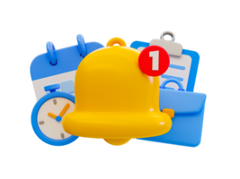 3d minimal work notification. job reminder. Bell icon with a calendar, stopwatch, clipboard, and briefcase. 3d illustration. png