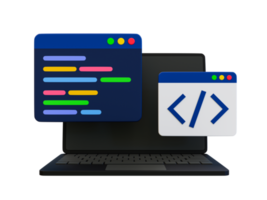 3d minimaal programmering icoon. codering scherm. web ontwikkeling concept. laptop met een codering scherm en een codering icoon. 3d illustratie. png
