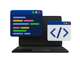ícone de programação mínima 3D. tela de codificação. conceito de desenvolvimento web. laptop com uma tela de codificação e um ícone de codificação. ilustração 3D. png