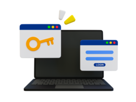 verificação de senha mínima 3d. conceito de autenticação de senha. autorização do usuário. laptop com uma tela de login e um ícone de chave. ilustração de renderização 3D. png