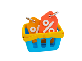 3d minimal price tags inside shopping basket. special discount concept. stock clearance sale. Customer attraction strategy. 3d illustration. png