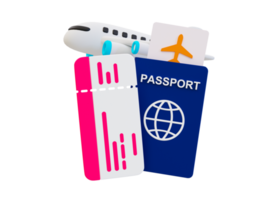 3d minimal vacation trip concept. Discount plane tickets concept. Relaxation time on a holiday. Plane ticket with a passport and discount tags. 3d illustration. png