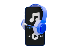 3d minimal uppkopplad musik strömning. varm Diagram musik begrepp. smartphone med låt skärm och trådlös hörlurar. 3d tolkning illustration. png