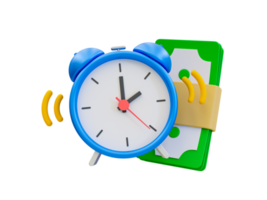 3d minimal Business investments. time is money. Stop wasting time concept. Alarm clock with a bunch of cash. 3d illustration. png