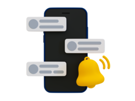 Notificación mínima 3d de mensajes no leídos. notificación de mensajes de chat en redes sociales. teléfono inteligente con un ícono de campana y un ícono de mensaje de chat. ilustración 3d png