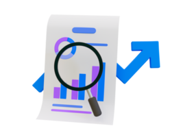 3d minimal marketing strategy concept. business analysis. marketing data analysis. A statistic paper with a magnifying glass. 3d illustration. png