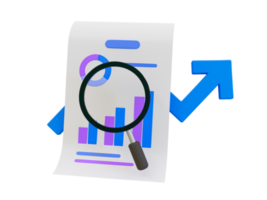 3d minimaal afzet strategie concept. bedrijf analyse. afzet gegevens analyse. een statistisch papier met een vergroten glas. 3d illustratie. png