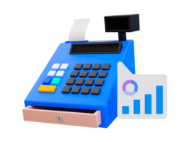 3d minimal supermarket cash register icon. Statistical billing and counting. cash register with a statistic icon. 3d rendering illustration. png